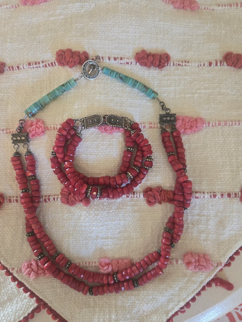Genuine Coral, Turquoise & 925 Sterling Silver Necklace and Bracelet Set